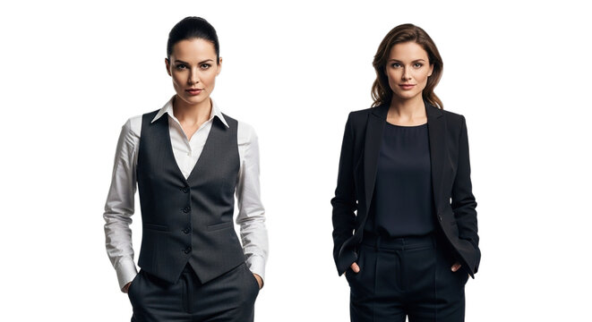 Two professional women standing confidently side by side in business attire isolated on transparent background