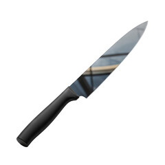 A sharp silver kitchen knife with a black handle lies on a transparent background reflecting a modern building with glass windows and metal beams under a bright sky