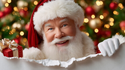 Santa Claus smiling joyfully while holding a blank sign for messages. Festive setting with colorful holiday lights and decorations. Concept of Christmas, holiday marketing, seasonal greetings