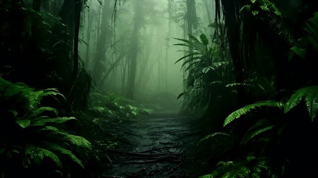 A moody, atmospheric forest scene with a misty ambiance. The forest floor is covered in lush green ferns and fernlike plants, with a dirt path running through the center.