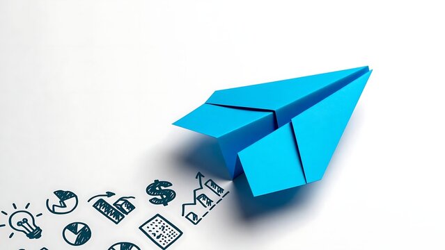 Blue paper airplane flying with business strategy and success icons for startup growth concept
