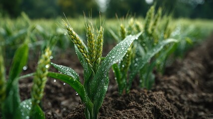 Obraz premium Young wheat plants growing in fertile soil with morning dew