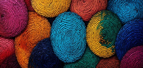Brightly colored rounded wicker baskets tightly stacked in vibrant spiral patterns showcasing an