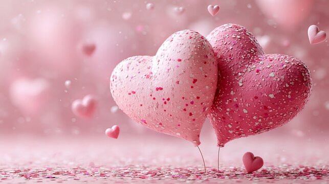 Pink heart balloons floating with sparkling confetti
