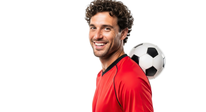 Smiling male soccer player in red jersey with soccer ball on shoulder isolated on transparent background