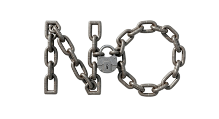 The word no formed by heavy metal chains and a padlock isolated on transparent background