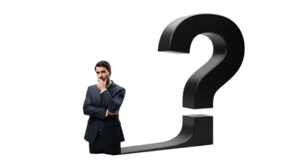 Pensive businessman contemplating a giant question mark symbol isolated on transparent background