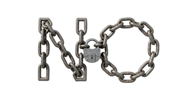 The word no formed by heavy metal chains and a padlock isolated on transparent background - Powered by Adobe