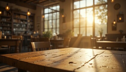 sunlit rustic wooden table in cozy ambient cafe interior with warm natural light streaming from