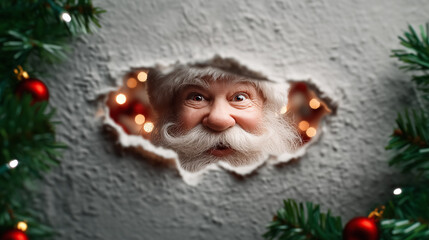 Santa is peeking through a torn wall, showcasing a surprised expression. Surrounding the scene are decorative Christmas garlands with red ornaments, evoking festive cheer