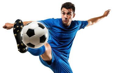 Dynamic male soccer player in blue uniform kicking a ball with intense focus isolated on transparent background