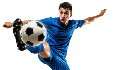 Dynamic male soccer player in blue uniform kicking a ball with intense focus isolated on transparent background