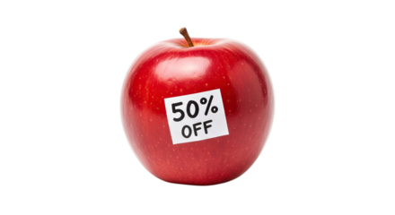 Bright red apple with a 50 percent off sticker isolated on transparent background