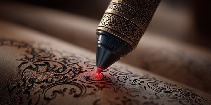 Intricate designs being created with a laser pen on textured leather surface in a craft workshop