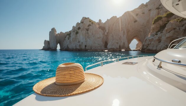 Scenic view of rocky sea cliffs and turquoise water from a sunny yacht deck with a straw hat