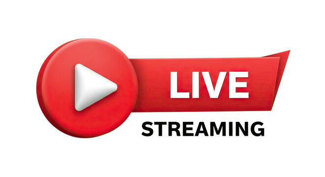 Red play button icon with live streaming indicator isolated on transparent background