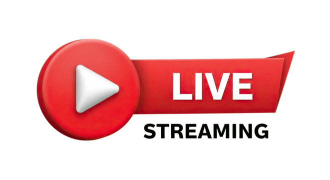 Red play button icon with live streaming indicator isolated on transparent background