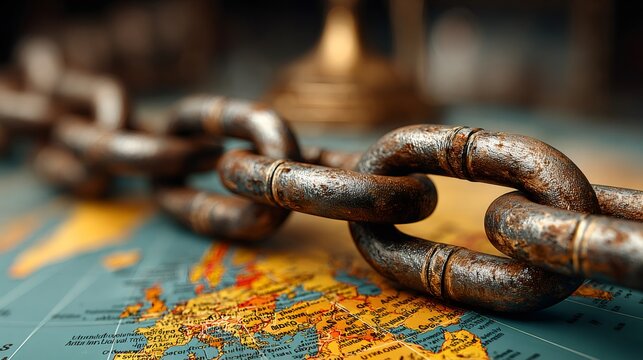 Rusty chain resting on world map surface