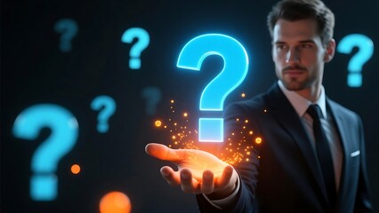 Businessman holding question mark concept for business problems and solutions decisions and choices