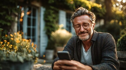 Fototapeta premium Mature man smiling using phone in garden