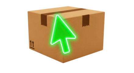Cardboard shipping box with bright neon green upward arrow cursor icon isolated on transparent background