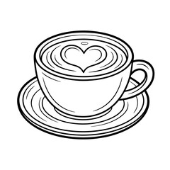 Latte art coffee cup on saucer with heart shape design in milk foam line art style isolated
