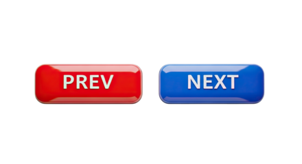 Two glossy rectangular navigation buttons labeled prev and next isolated on transparent background