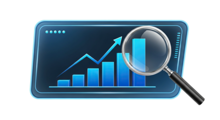 Magnifying glass examining a glowing digital bar chart with an upward trending line graph isolated on transparent background