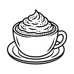 Latte coffee cup on saucer with whipped cream topping line art drawing vector illustration