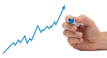 Hand drawing an upward trending blue financial graph with a marker isolated on transparent background
