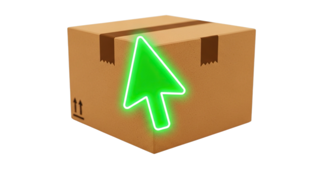 Cardboard shipping box with bright neon green upward arrow cursor icon isolated on transparent background