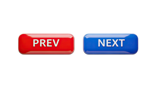 Two glossy rectangular navigation buttons labeled prev and next isolated on transparent background