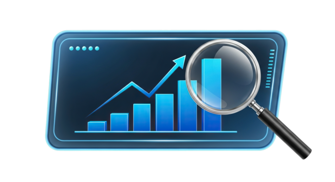 Magnifying glass examining a glowing digital bar chart with an upward trending line graph isolated on transparent background