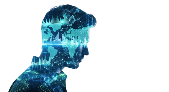 Abstract digital human head silhouette overlayed with blue futuristic data streams and world map isolated on transparent background
