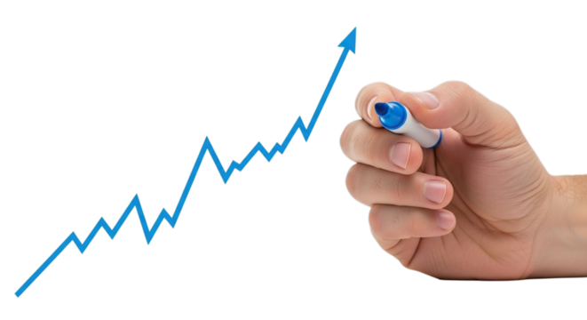 Hand drawing an upward trending blue financial graph with a marker isolated on transparent background