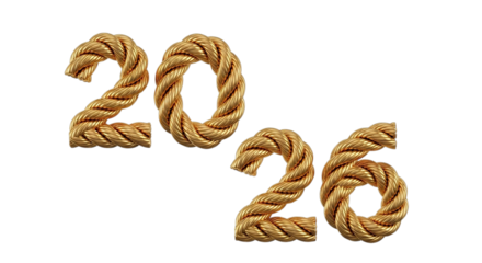 Rope texture numbers 2026 forming a year isolated on transparent background