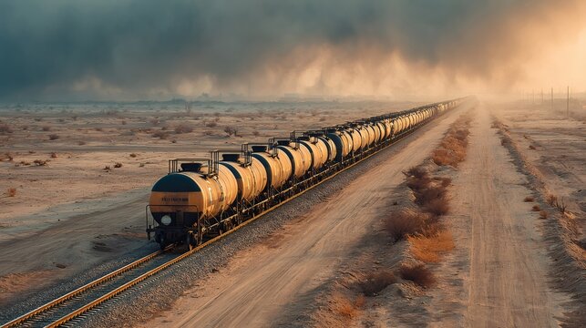 Long freight train moving through arid desert at sunset