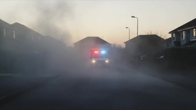 An ambulance rushes down a foggy residential street at dawn or dusk, its red and blue emergency lights flashing intensely through the dense haze as it speeds toward an emergency, sirens blaring off-s