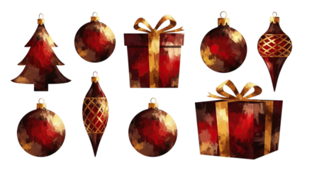 Collection of festive red and gold christmas ornaments and gift boxes isolated on transparent background