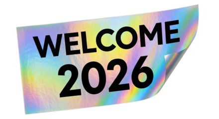 Holographic welcome 2026 text design with rainbow colors isolated on transparent background