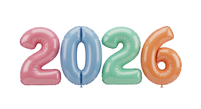 Colorful pastel number balloons forming the year 2026 isolated on transparent background