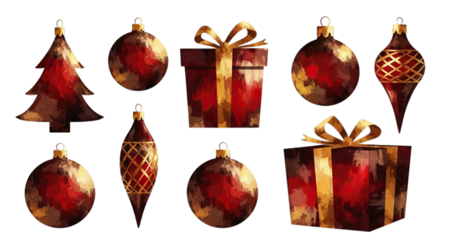 Collection of festive red and gold christmas ornaments and gift boxes isolated on transparent background