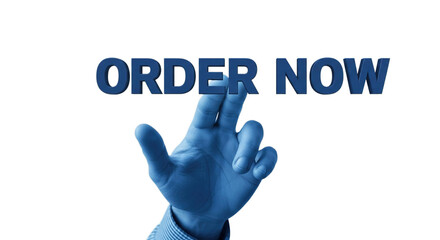 Close up of a blue gloved hand reaching out to press the glowing blue text order now isolated on transparent background
