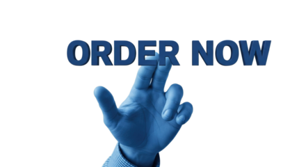 Close up of a blue gloved hand reaching out to press the glowing blue text order now isolated on transparent background