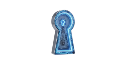 Illuminated blue futuristic keyhole with glowing edges isolated on transparent background