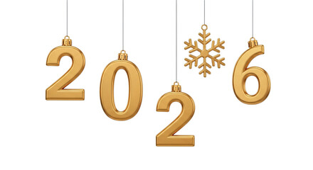 Golden metallic numbers forming 2026 with snowflake ornament hanging isolated on transparent background