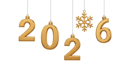 Golden metallic numbers forming 2026 with snowflake ornament hanging isolated on transparent background