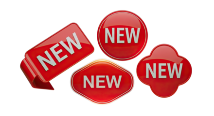 Collection of shiny red new product tags and labels with white text isolated on transparent background