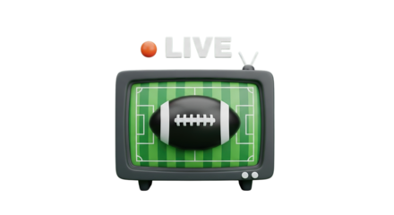 Retro television screen displaying a football game with the word live isolated on transparent background