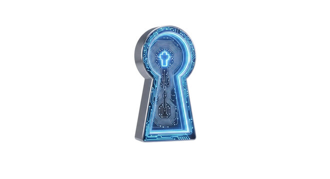 Illuminated blue futuristic keyhole with glowing edges isolated on transparent background